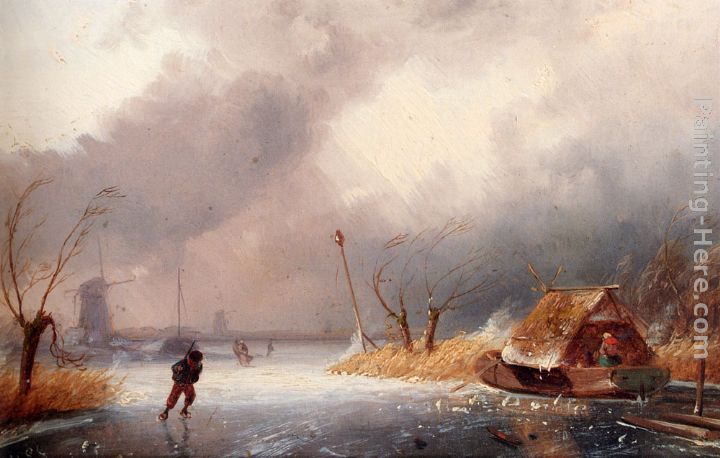 A Winter Landscape With Skaters On A Frozen Waterway painting - Charles Henri Joseph Leickert A Winter Landscape With Skaters On A Frozen Waterway art painting